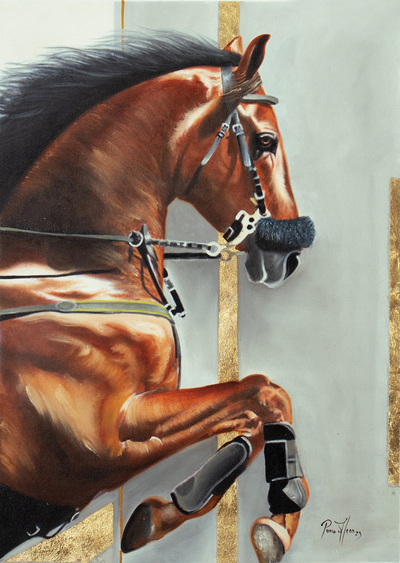 'Indomitable Force' - Pintura al óleo impresionista sin estirar firmada de caballo marrón
