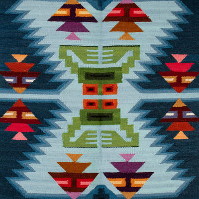 Tapiz de lana - Tapiz de lana tejido a mano con temática geométrica de ranas y peces
