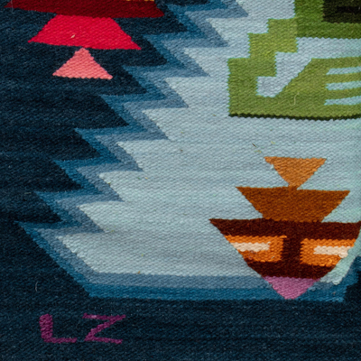 Tapiz de lana - Tapiz de lana tejido a mano con temática geométrica de ranas y peces