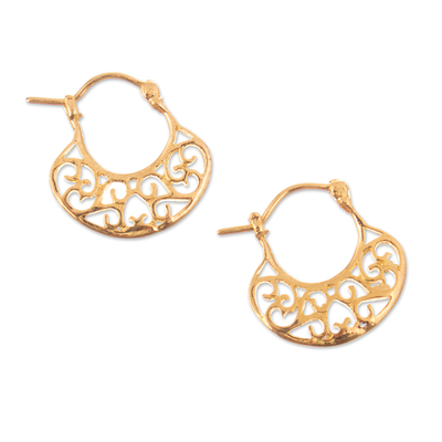 Gold-plated hoop earrings, 'Glamorous Basket' - Basket Themed Gold-Plated Hoop Earrings with Openwork Accent