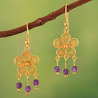 Gold-plated amethyst filigree dangle earrings, 'Purple Rosette'