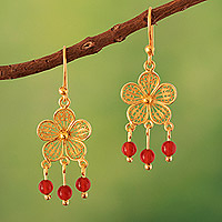 Gold-plated carnelian filigree dangle earrings, 'Red Rosette'