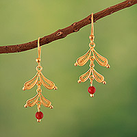 Gold-plated carnelian filigree dangle earrings, 'Vivid Leaves'