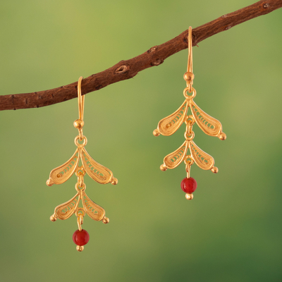 Gold-plated carnelian filigree dangle earrings, 'Vivid Leaves' - Leaf Shaped Gold-Plated Carnelian Filigree Dangle Earrings