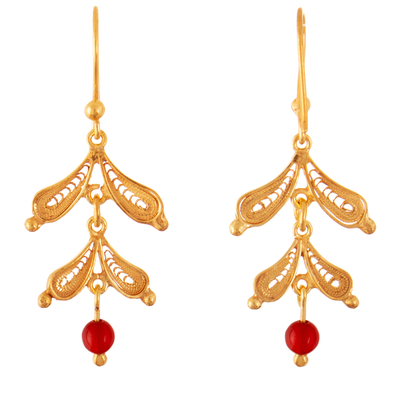 Gold-plated carnelian filigree dangle earrings, 'Vivid Leaves' - Leaf Shaped Gold-Plated Carnelian Filigree Dangle Earrings