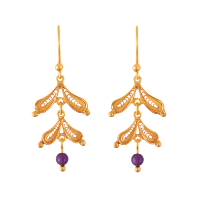 Gold-plated amethyst filigree dangle earrings, 'Delightful Leaves' - Leaf Shaped Gold-Plated Amethyst Filigree Dangle Earrings