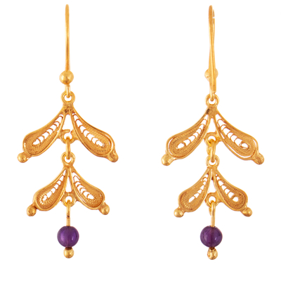 Gold-plated amethyst filigree dangle earrings, 'Delightful Leaves' - Leaf Shaped Gold-Plated Amethyst Filigree Dangle Earrings