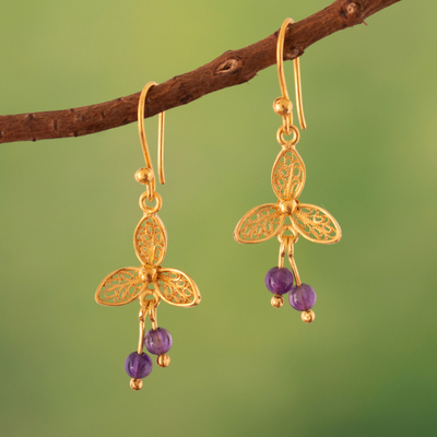 Gold-plated amethyst filigree dangle earrings, 'Purple Lotus Flower' - Lotus Flower Gold-Plated Amethyst Filigree Dangle Earrings