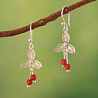 Carnelian filigree dangle earrings, 'Silver Lotus Flower' - 925 Silver Filigree Dangle Earrings with Carnelian Beads
