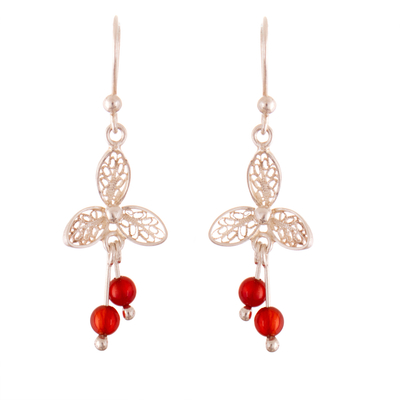 Carnelian filigree dangle earrings, 'Silver Lotus Flower' - 925 Silver Filigree Dangle Earrings with Carnelian Beads