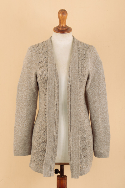 Suéter tipo cárdigan en mezcla de alpaca - Suéter tipo cárdigan de mezcla de alpaca beige suave con frente abierto