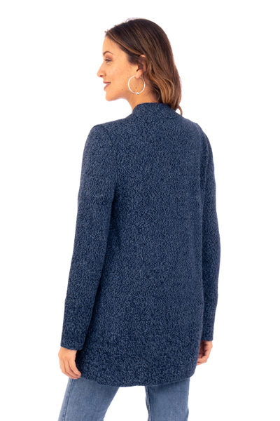 Alpaca blend cardigan sweater, 'Indigo Splendor' - Long-Lapel Indigo Alpaca Blend Cardigan Sweater from Peru