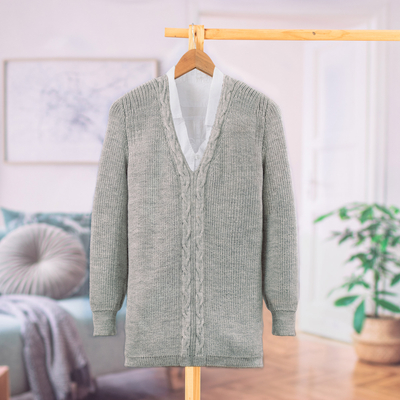 Soft Grey Alpaca Blend Pullover Sweater with V-Neckline, 'Grey Epoch'