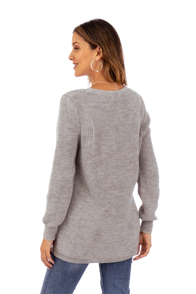 Jersey tipo jersey en mezcla de alpaca - Jersey tipo pulóver de mezcla de alpaca gris suave con escote en V