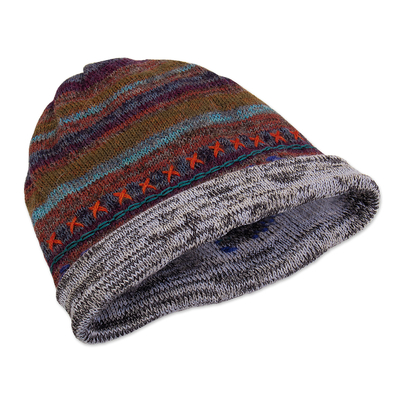 100% alpaca reversible hat, 'Two in One' - Reversible Unisex Striped 100% Alpaca Hat Knitted in Peru