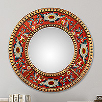 Reverse-painted glass wall mirror, 'Fire Manor' - Floral Round Reverse-Painted Glass Wall Mirror in Red