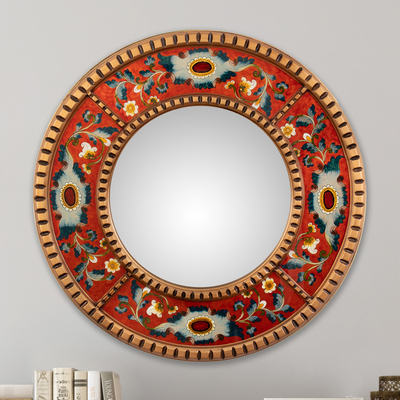 Espejo de pared de cristal pintado al revés - Espejo de pared de vidrio pintado al revés floral redondo en rojo