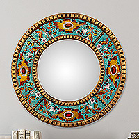 Reverse-painted glass wall mirror, 'Forest Manor' - Floral Round Reverse-Painted Glass Wall Mirror in Turquoise