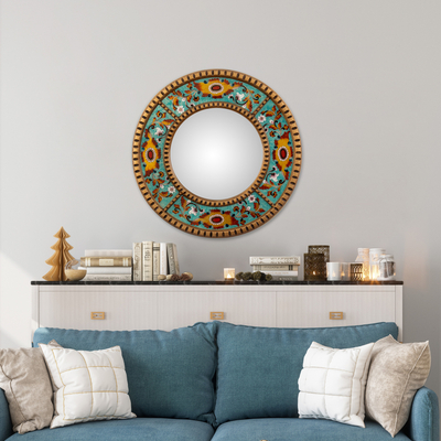 Espejo de pared de cristal pintado al revés - Espejo de pared redondo floral de vidrio pintado al revés en turquesa