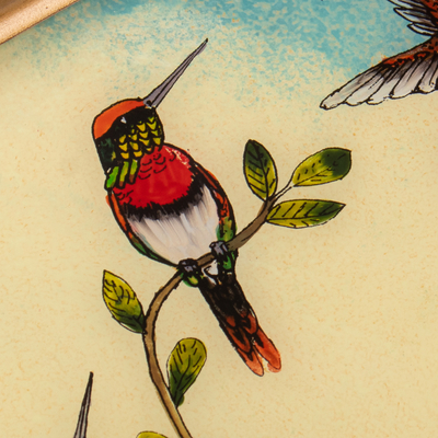 Bandeja de cristal pintado al revés - Bandeja de vidrio pintado al revés con temática floral y de pájaros