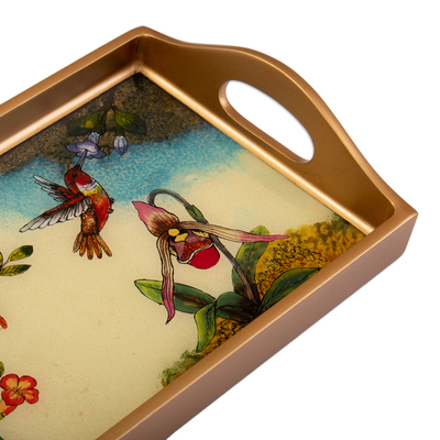 Reverse-painted glass tray, 'Joy at Spring' - Floral and Bird-Themed Reverse-Painted Glass Tray