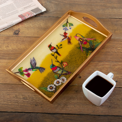 Tablett aus rückseitig lackiertem Glas - Rückseitig bemaltes Glastablett mit Naturmotiv in warmen Farbtönen