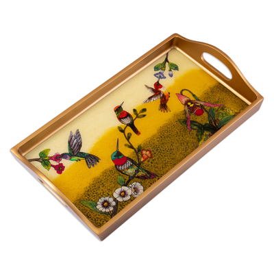 Reverse-painted glass tray, 'Joy at Sunset' - Nature-Themed Reverse-Painted Glass Tray in Warm Hues
