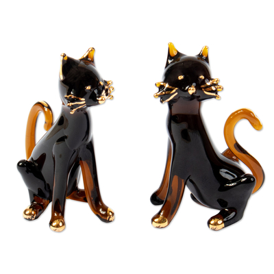Gilded glass figurines, 'Magical Felines' - Pair of Gilded Amber Blown Glass Cat Figurines from Peru