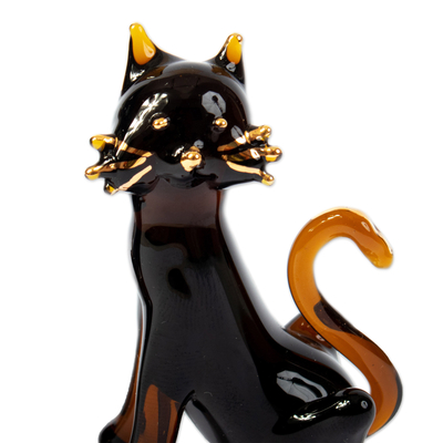 Gilded glass figurines, 'Magical Felines' - Pair of Gilded Amber Blown Glass Cat Figurines from Peru