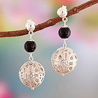 Onyx dangle earrings, 'Spheres of Power' - Onyx Sterling Silver Dangle Earrings with Openwork Accents