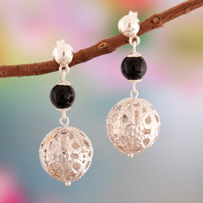 Onyx dangle earrings, 'Spheres of Power' - Onyx Sterling Silver Dangle Earrings with Openwork Accents