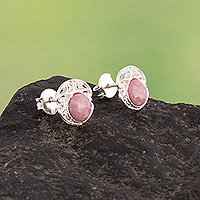 Rhodonite button earrings, 'Compassionate Harmony' - Polished Sterling Silver and Rhodonite Button Earrings