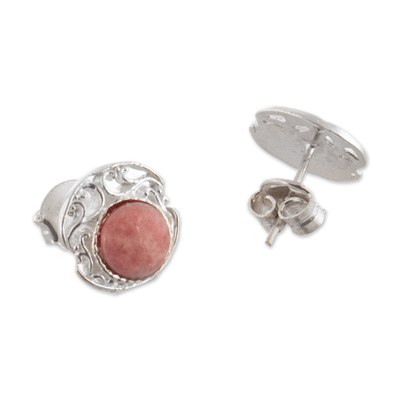 Rhodonite button earrings, 'Compassionate Harmony' - Polished Sterling Silver and Rhodonite Button Earrings