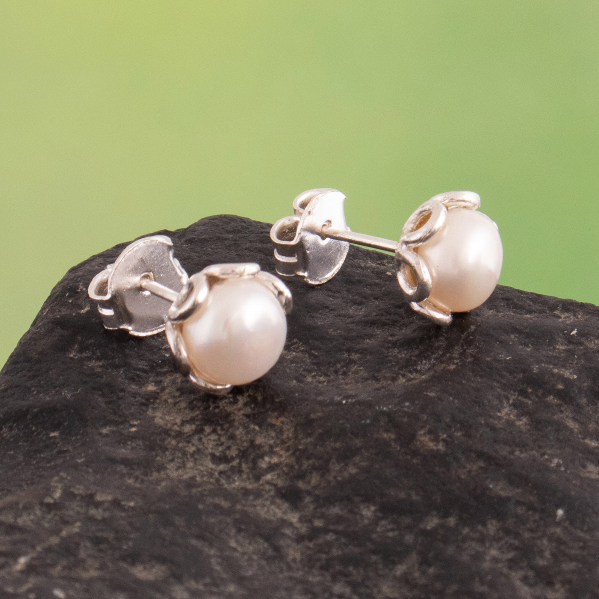 Sterling Silver Stud Earrings with White Cultured Pearls - Moonshine Charm