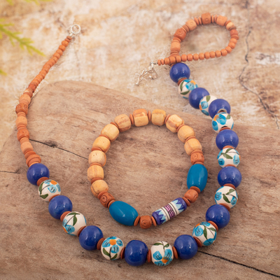 Ceramic beaded jewelry set, 'Trust and Stability' - Handcrafted Ceramic Beaded Necklace and Stretch Bracelet