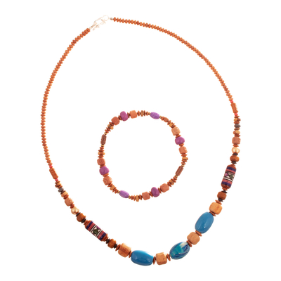 Ceramic beaded jewelry set, 'Gentleness and Serenity' - Blue and Purple Ceramic Beaded Necklace and Stretch Bracelet