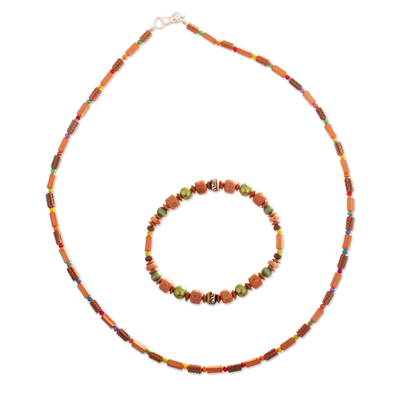 Ceramic beaded jewelry set, 'Rainbow Memories' - Multicolor Ceramic Beaded Necklace and Stretch Bracelet