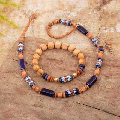 Ceramic beaded jewellery set, 'Imagination and Intuition' - Blue and Brown Ceramic Beaded Necklace and Stretch Bracelet
