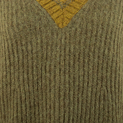 Baby alpaca and wool blend sweater, 'Olive Deity' - Preppy-Inspired Olive and Yellow Baby Alpaca Blend Sweater