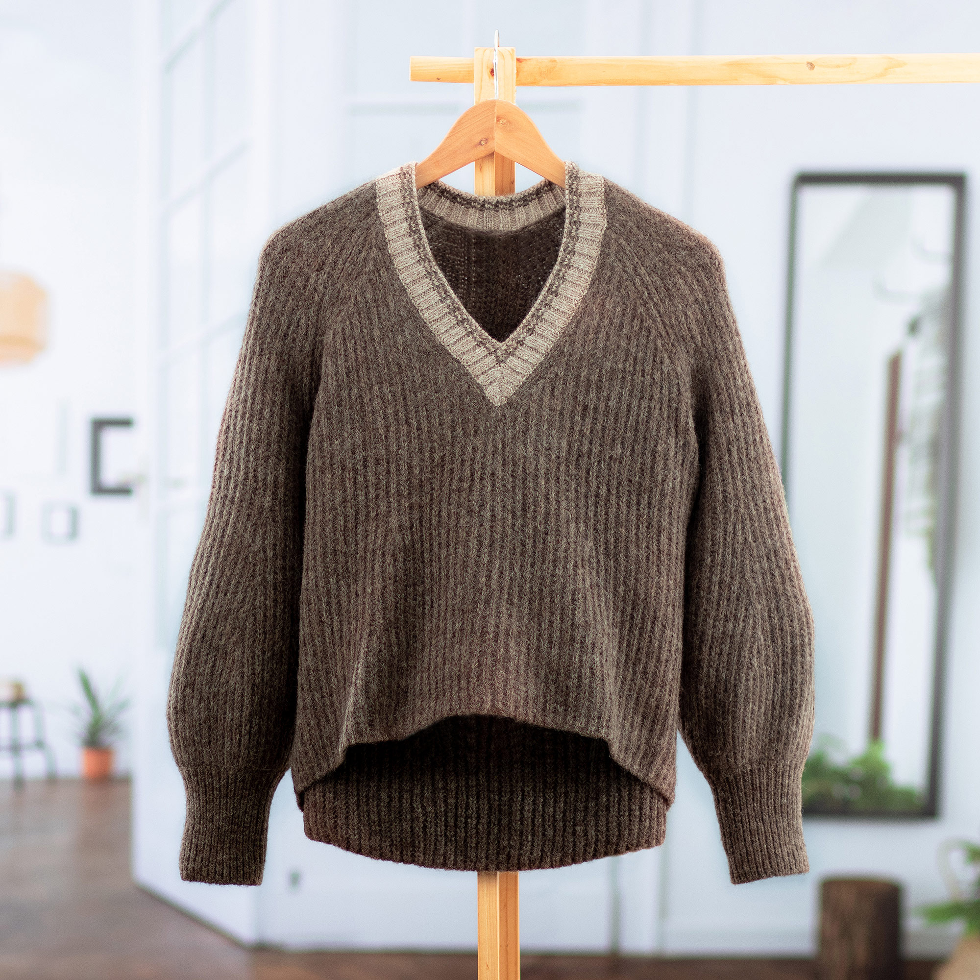 Preppy-Inspired Taupe and Beige Baby Alpaca Blend Sweater, 'Taupe Deity'