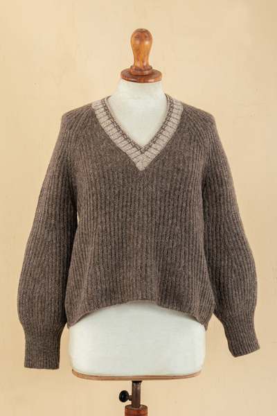 Baby alpaca and wool blend sweater, 'Taupe Deity' - Preppy-Inspired Taupe and Beige Baby Alpaca Blend Sweater
