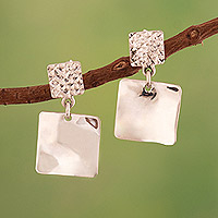 Sterling silver dangle earrings, 'Shimmering Reflections' - Modern Textured Sterling Silver Square Dangle Earrings