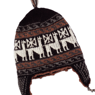 Alpaca blend chullo hat, 'Llama Silhouette in Black' - Alpaca Blend Chullo Hat with Llama Patterns in Black Hues