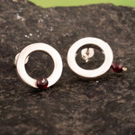 Garnet button earrings, 'Endless Passion' - Modern Sterling Silver Button Earrings with Garnet Beads