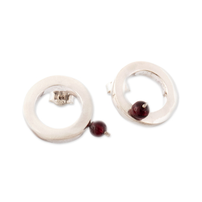 Garnet button earrings, 'Endless Passion' - Modern Sterling Silver Button Earrings with Garnet Beads