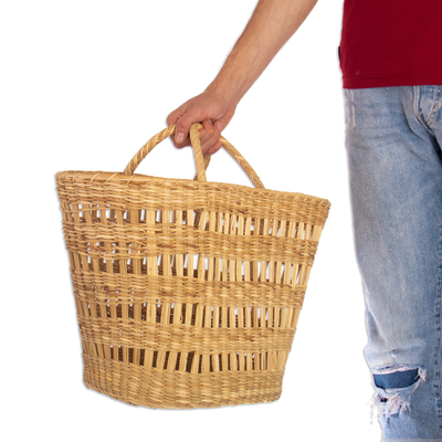 Natural fiber basket, 'Woven Treasure' - Handwoven Natural Rush Fiber Basket with Handles