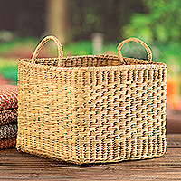 Natural fiber basket, 'Neat Nature' - Handwoven Square Natural Rush Fiber Basket with Handles