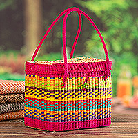 Natural fiber basket, 'Dream Environment' - Handwoven Natural Rush Fiber Basket Painted in Vibrant Hues