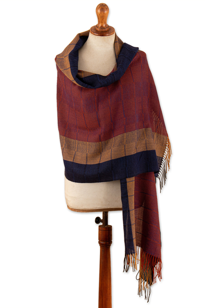 100% baby alpaca shawl, 'Tricolor' - Hand-Woven Striped Fringed Orange 100% Baby Alpaca Shawl