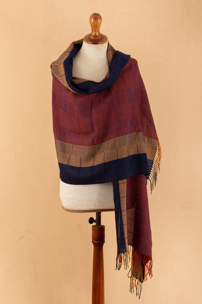 100% baby alpaca shawl, 'Tricolour' - Hand-Woven Striped Fringed Orange 100% Baby Alpaca Shawl